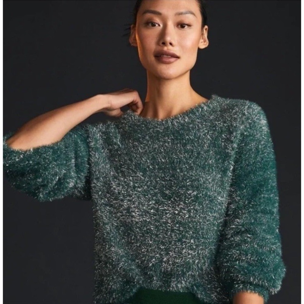 Maeve By Anthropologie Green Tinsel Eyelash Sweater Size Medium‎ Party Holiday